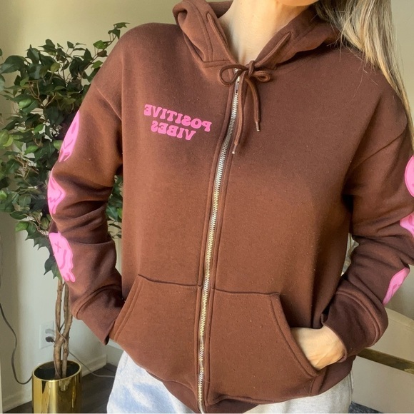 Faded Rose Essentials Positive Vibes Smiley Face Brown Pink Sweatshirt Hoodie S - Picture 13 of 13